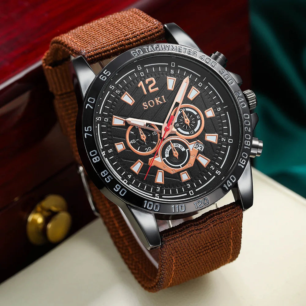 New Men Watches Bracelet Set Luxury Fashion Nylon Band Quartz Wristwatch Bracelets Gift Clock Male Relogio Masculino No Box