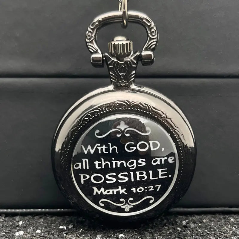 Exquisite Special Pocket Watch With God "All Things Are Possible" Elegant Black Clock With Necklace Chain Lovers Best Gift