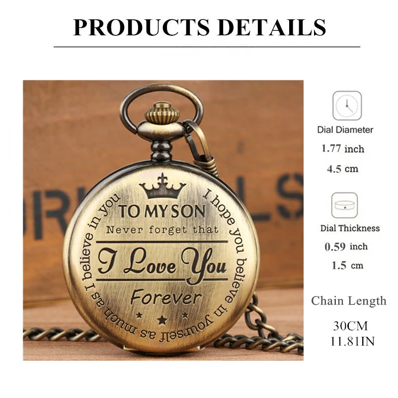Vintage Pocket Watch Fashion Quartz Pocket Watch with Chain TO MY SON Gift Love Your Forever Men's Clock Exquisite Relogios