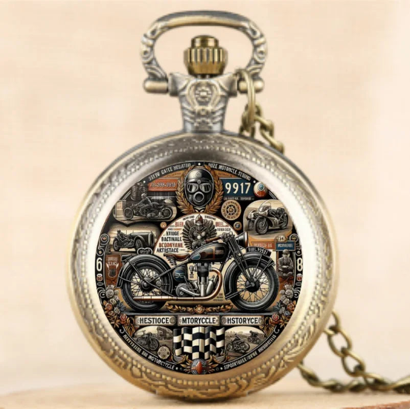 Vintage Motorcycle Pattern Design Quartz Pocket Watch - Men Male Kids Fashion Accessory, Non-Waterproof with World Time Feature