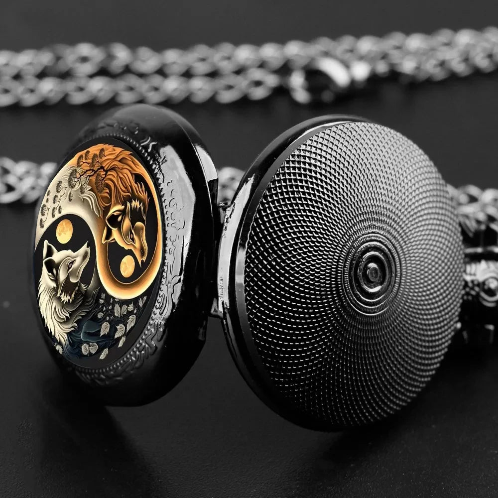 Creative YinYang Wolf Animal Pattern Design Mini Pocket Watch with Necklace Pendant World-Time Feature,  Gift For Women Men Kids