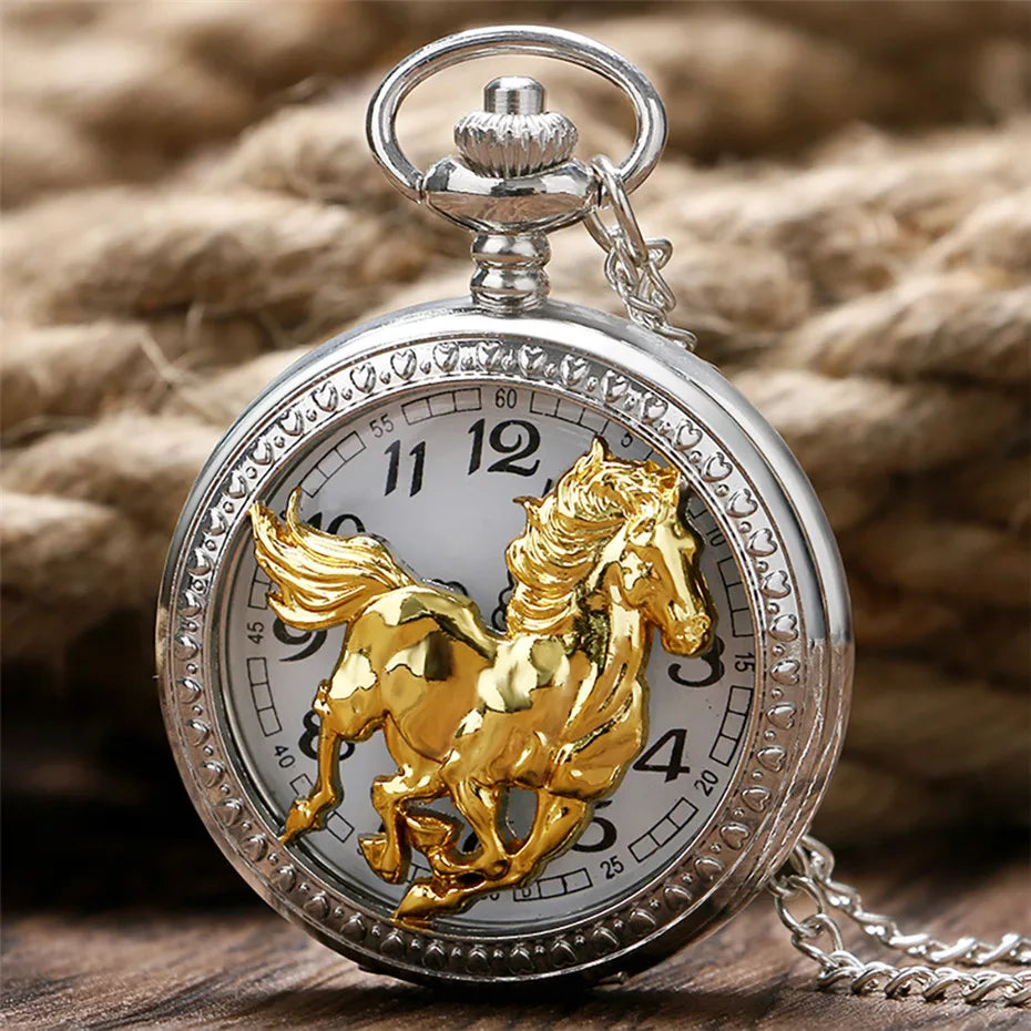 Hollow Exquisite Running Golden Horse Quartz Pocket Watch With Necklace Chain Gift for Male Women Chronograph Hombre Relojes