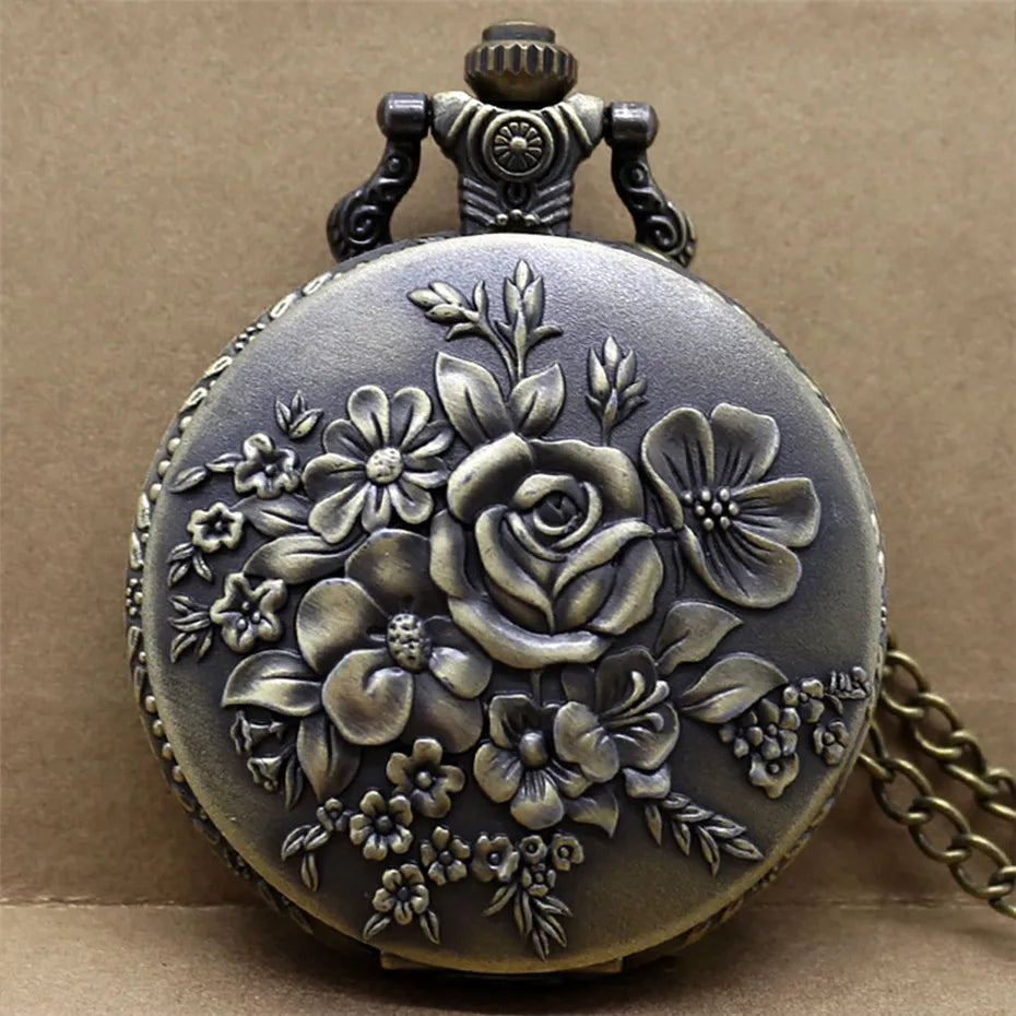 3D Rose Flower Pocket Watch  Punk Bronze Quartz Vintage Pocket Watches with Necklace Chain Valentine's Day Souvenirs Gift Clock