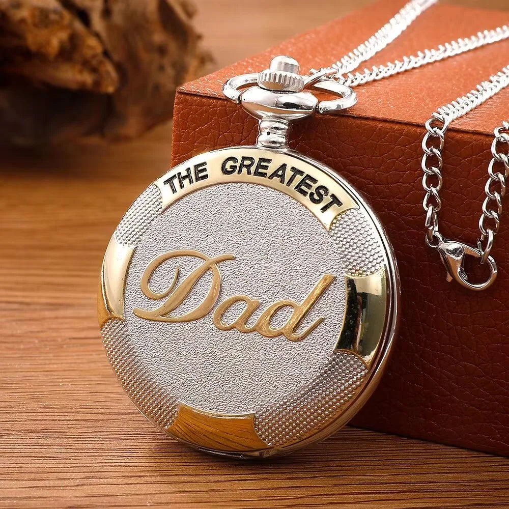 Exquisite " The GREAST DAD " Silver Gold Color Quartz Pocket Watch Best Father's Day Birthday Gift for Dad, Nostalgic Watch