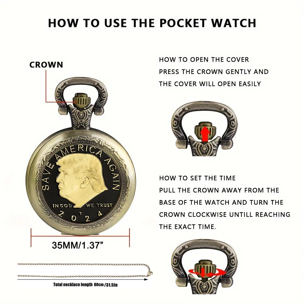 Vintage-Style Trump 2024 Election Memorial Pocket Watch - Quartz Movement, Round Dial, Unique Bronze Necklace Souvenir Gift