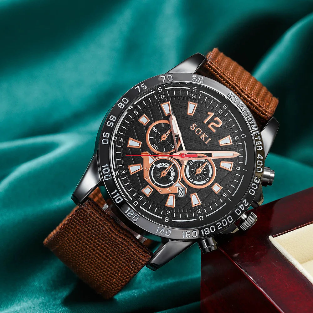 New Men Watches Bracelet Set Luxury Fashion Nylon Band Quartz Wristwatch Bracelets Gift Clock Male Relogio Masculino No Box