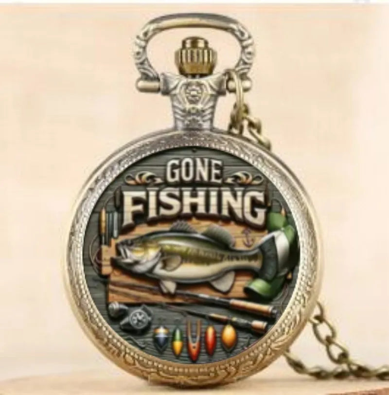 Unique Vintage Gone Fishing Pattern Quartz Pocket Watch with Pendant Chain - World Time Feature,  Great Gift for Men and Teens
