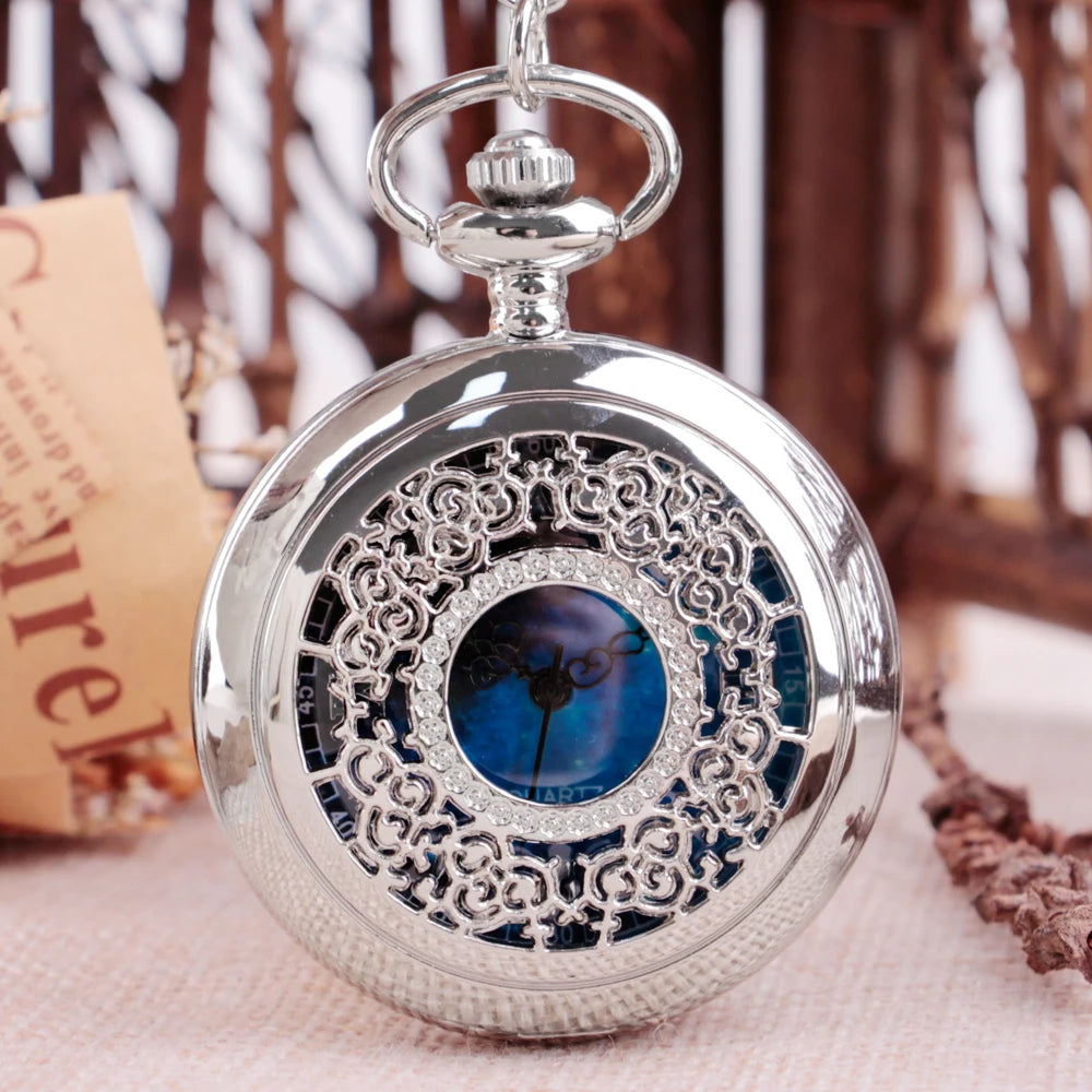 Hollow Starry Blue Dial Pocket Watch Vintage Necklace Best Gifts Fashion Clock New Men Women Exquisite Watches Relogios