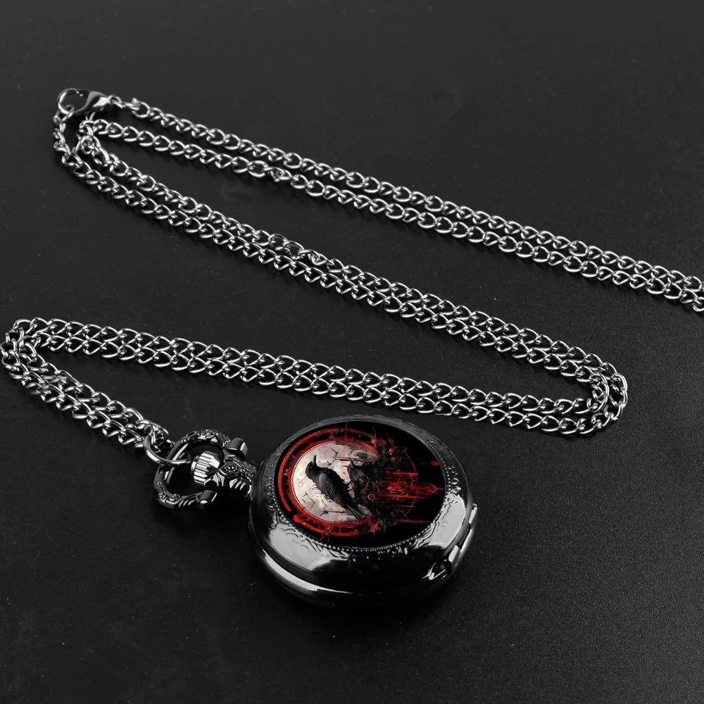 Vintage Black Crow Quartz Pocket Watch - Necklace Pendant With World Time Feature, Alloy Case, Ideal Gift For Men & Women