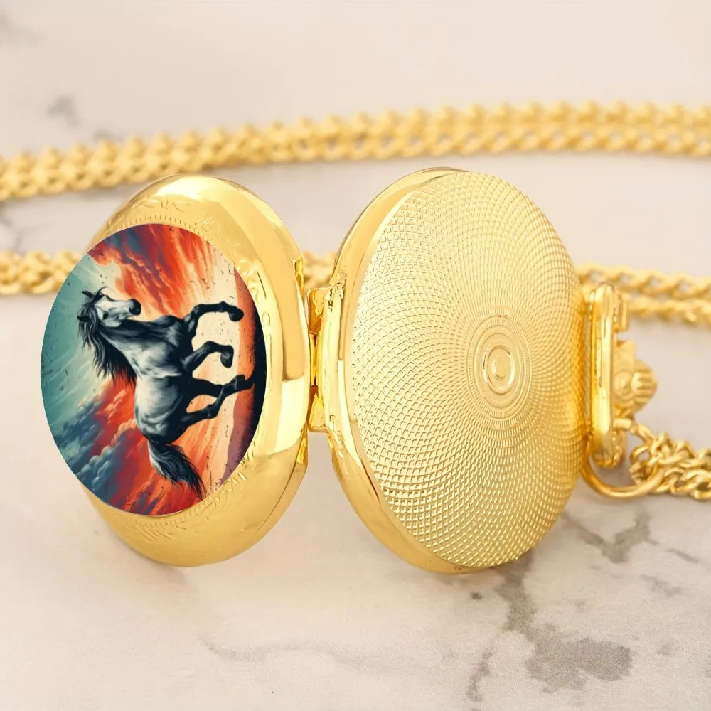 Vintage Golden Running Horse Animal Quartz Pocket Watch With Necklace Chain Watch Best Gift For Women Men and Kids