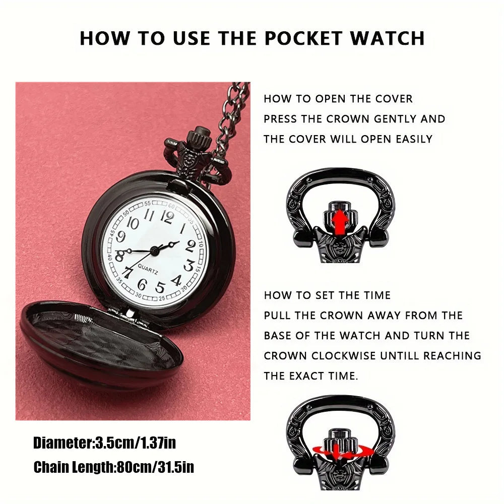 Vintage-Style Crow Skull Exquisite Pocket Watch - Quartz Movement, Round Dial, Unique Black Necklace Souvenir Gift For Children