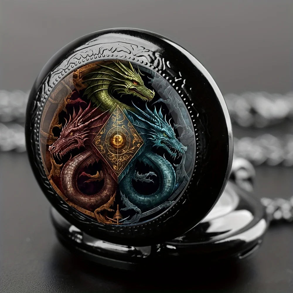 1Pcs Vintage Black Animal Dragon-Themed Necklace Pendant with a Small Quartz Pocket Watch Clock Gift For Male and Kids