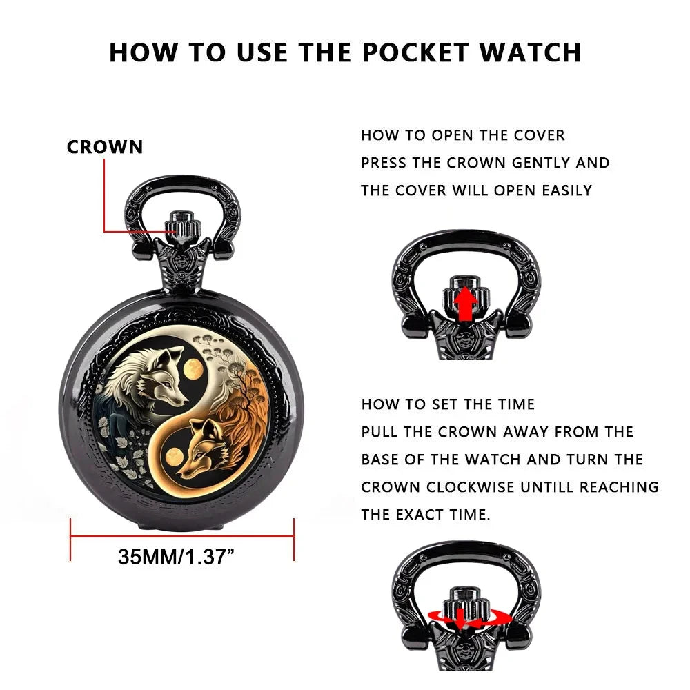 Creative YinYang Wolf Animal Pattern Design Mini Pocket Watch with Necklace Pendant World-Time Feature,  Gift For Women Men Kids