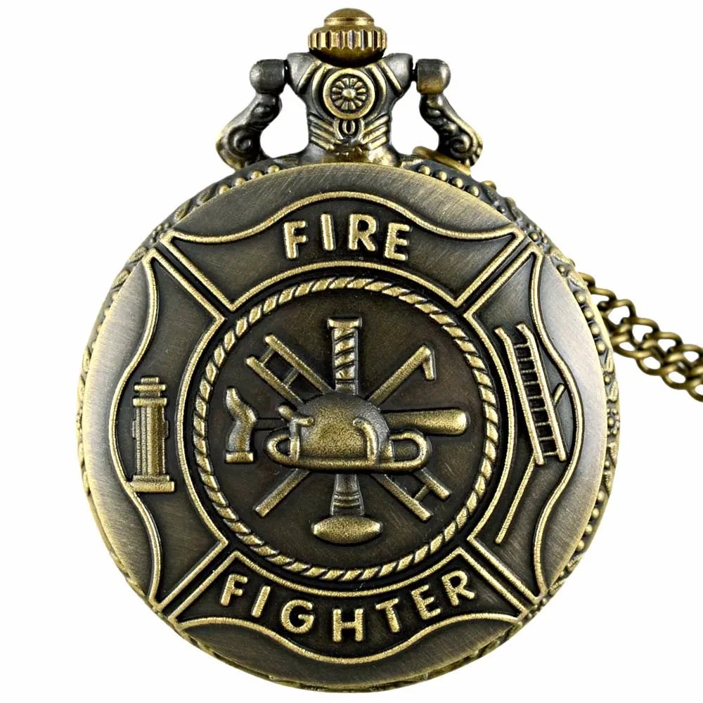 Vintage FIRE Fighter Quartz Pocket Watch Bronze Firemen Clock With Necklace Chain Men Male GIfts Exquisite Relojes