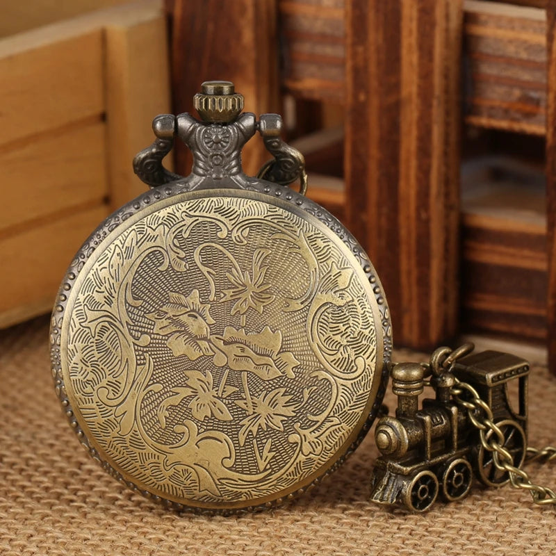 Vintage Steampunk Train Pocket Watch with Necklace Chain Copper Pendant Men Male Exquisite Casual Clock Retro Souvenir Gifts