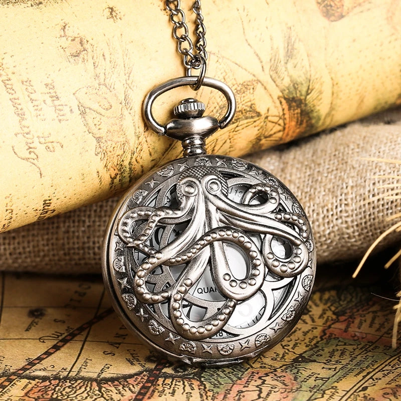 Vintage Hollow Black Bronze Octopus Quartz Pocket Watch with Necklace Chain Gift for Male Women Chronograph Hombre Relojes