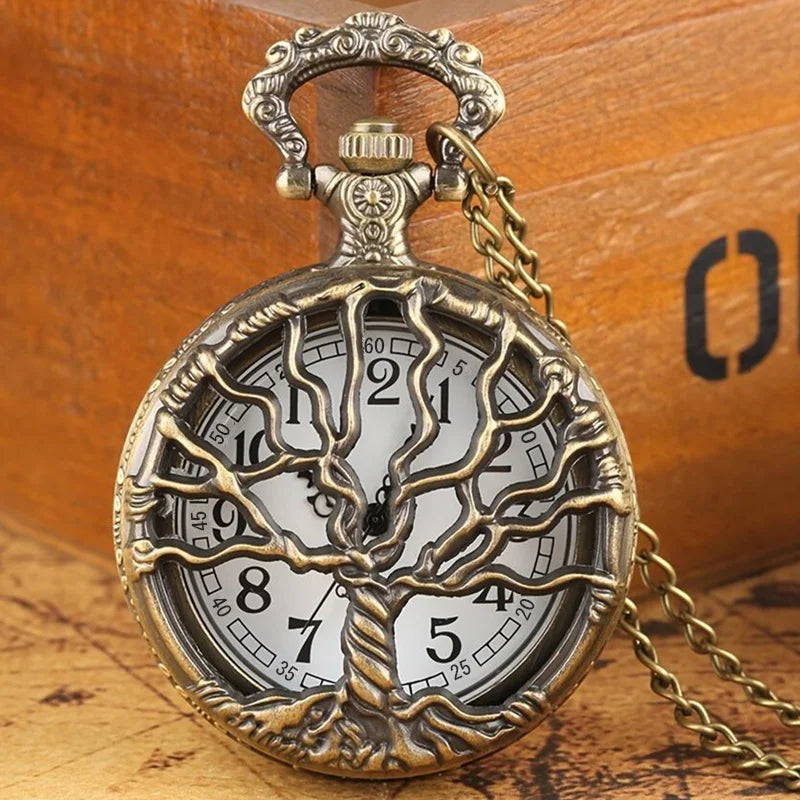 Vintage Hollow Tree Pocket Watch Unique Styles With Necklace Chain Clock Retro Bronze Exquisite Gifts for Men Women Relojes