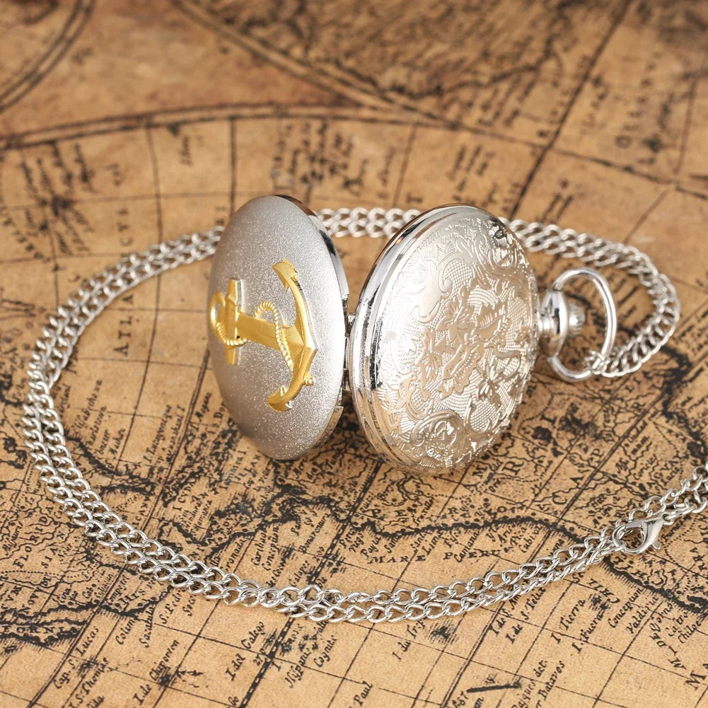 Silver Vintage Classic Design Quartz Pocket Watch Men Anchor Souvenir Gift with 80cm Necklace Chain Best Gift Clock Male Relogio