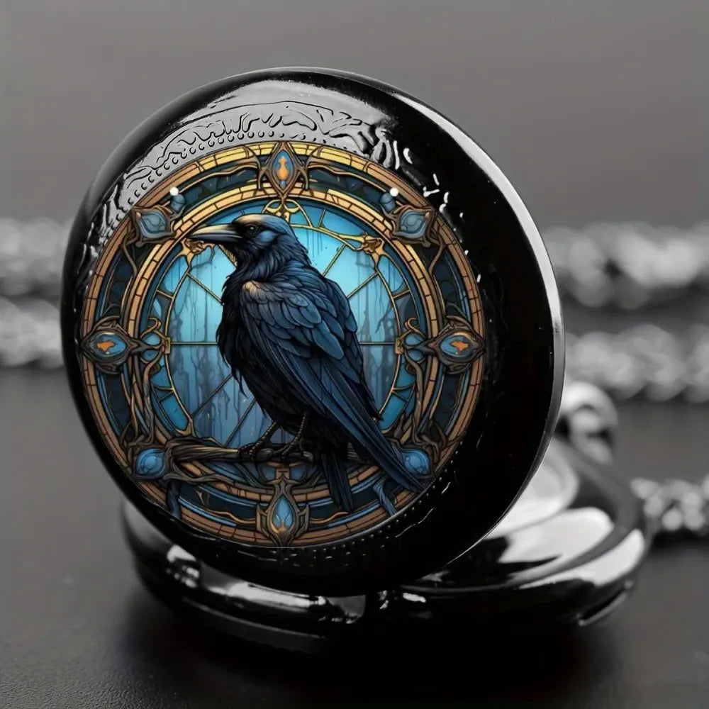 Vintage Unique Crow Black Quartz Pocket Watch - Necklace Pendant With World Time Feature, Ideal Gift For Men & Women and Kids