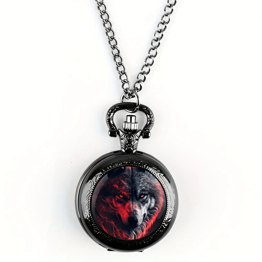 Vintage Wolf Animal Design Quartz Pocket Watch with Black Necklace Pendant World-Time Feature, Analog Display For Women Men Kids