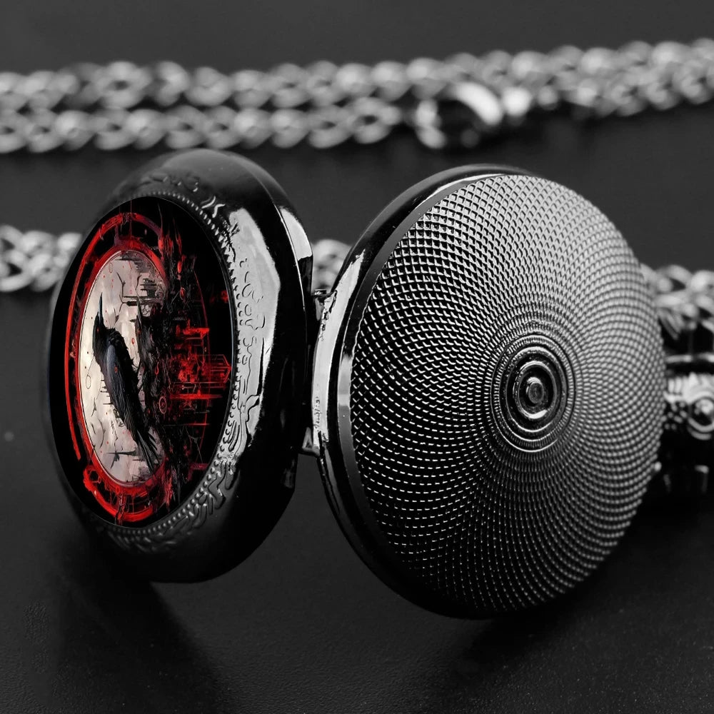 Vintage Black Crow Quartz Pocket Watch - Necklace Pendant With World Time Feature, Alloy Case, Ideal Gift For Men & Women
