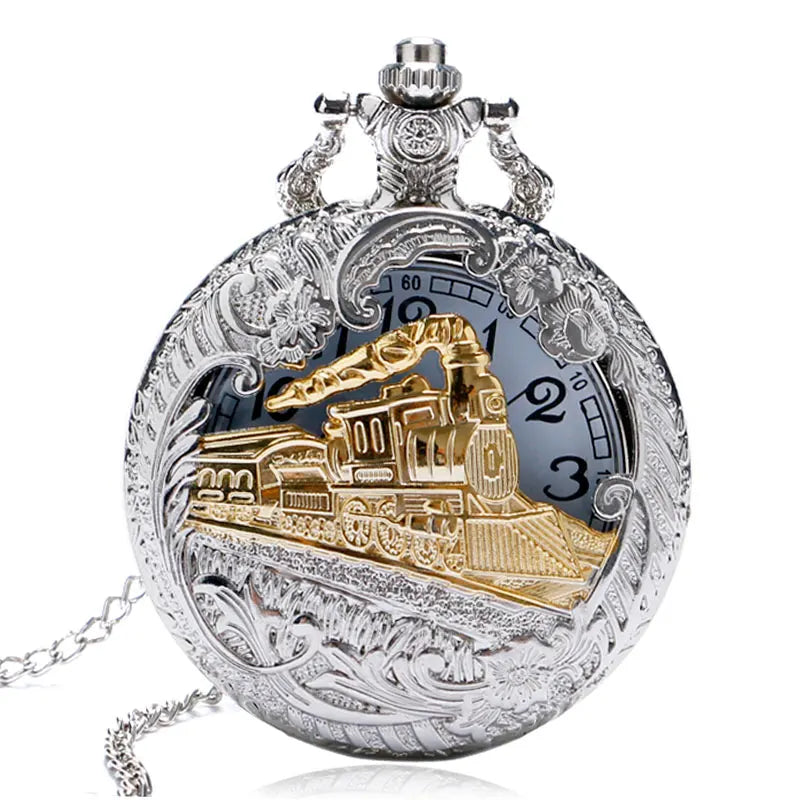 Vintage Silver Train Carved Hollow Steampunk Quartz Pocket Watch Men Women Charming Necklace Pendant Clock Elegant Relojes Gifts