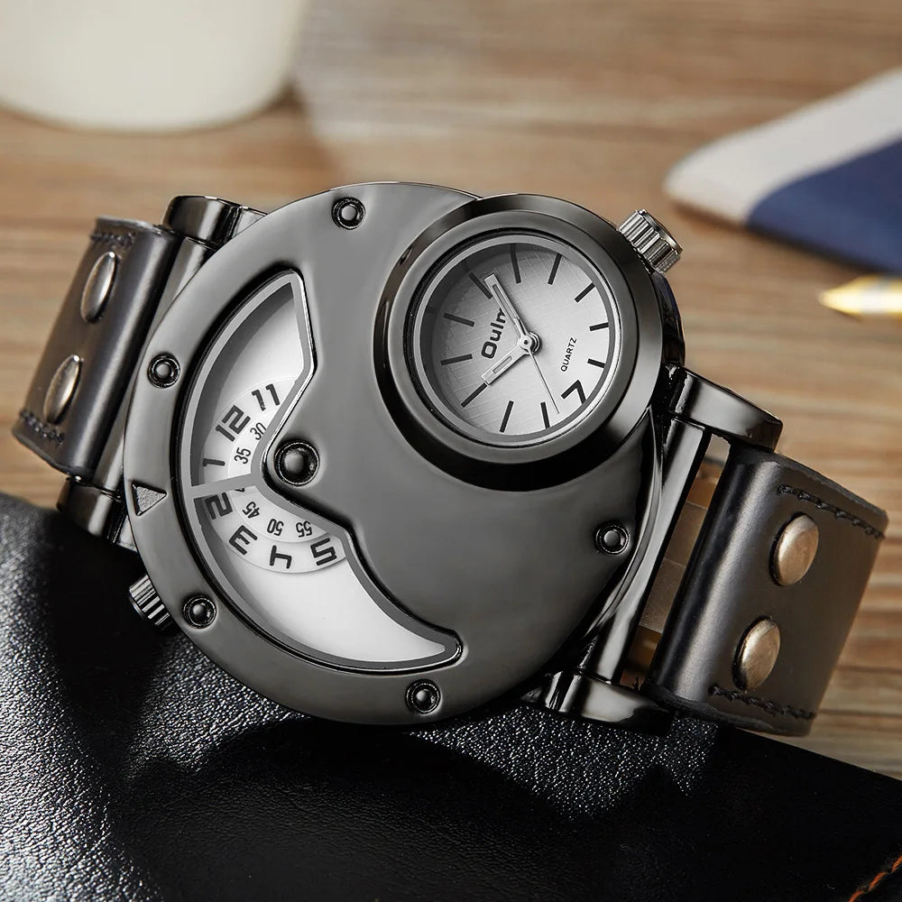 Brand Oulm Watch Double Movement Men Quartz Relojes Sports Leather Strap Male Relogio Military Wristwatch Casual Gift Clock