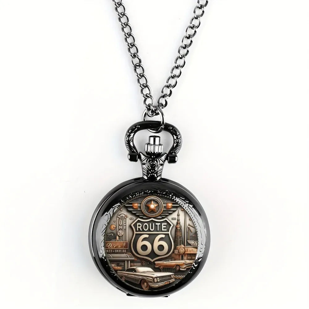 Vintage Route 66 Pattern Pocket Watch,Men's Fashion Quartz Necklace Pendant, World Time Display, Round Dial, Electronic Movement