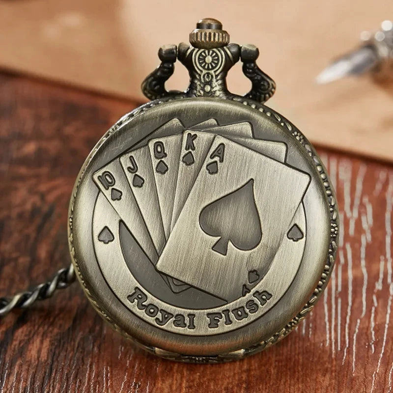 Vintage Poker Game Quartz Pocket Watch Bronze JQKA Number Clock With Necklace Chain Men Male GIfts Exquisite Relojes