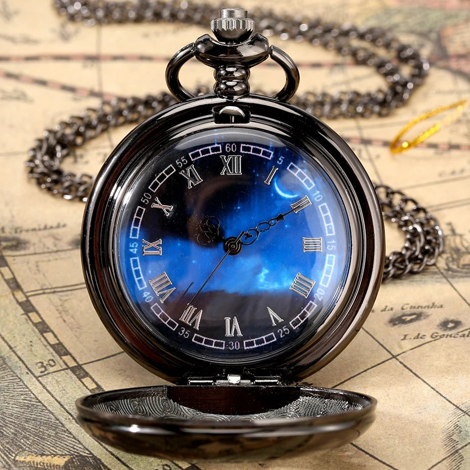 Vintage Clock Exquisite Starry Blue Dial Hollow Quartz Pocket Watch with Necklace Chain Pendant Gift Men's Clock