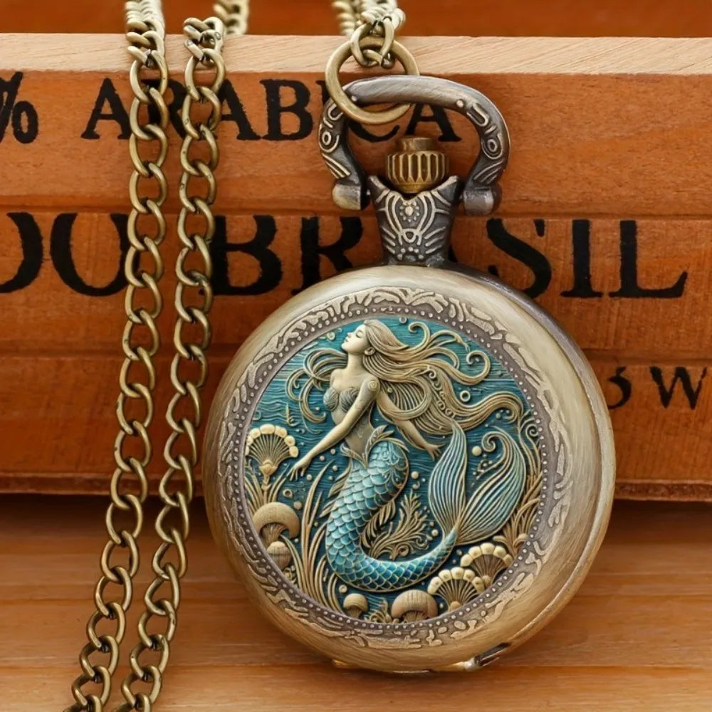 1Pcs Exquisite Mermaid Pattern Design Pocket Watch with Necklace Pendant -Quartz Movement, Elegant Jewelry Gift for Women Girls
