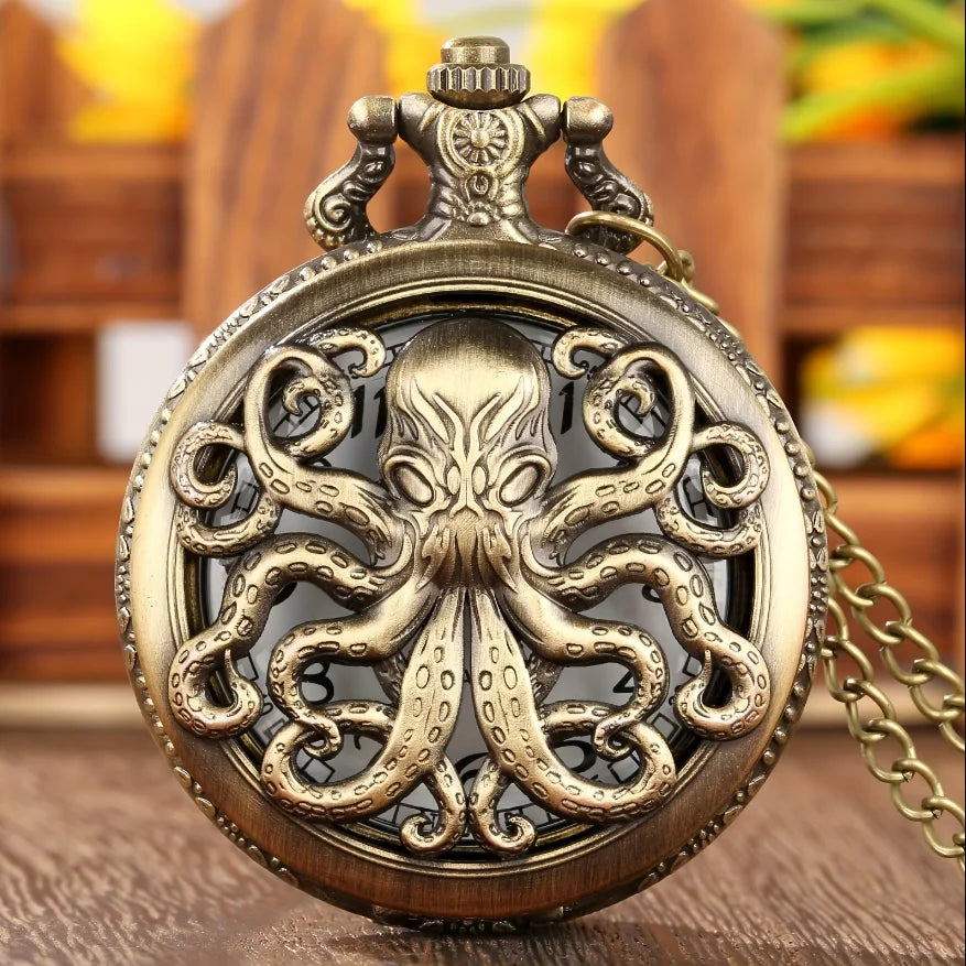 New Style Bronze Octopus Quartz Pocket Watch With Necklace Chain Gift for Male Women Fashion Clock Hombre Relojes Vintage Gift