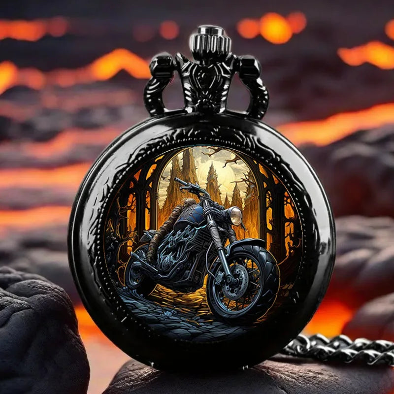 Cool Vintage Black Motorbike Pocket Watch Elegant Exquisite Clock With Necklace Chain Retro Motor Masculino Relogio Best Gift