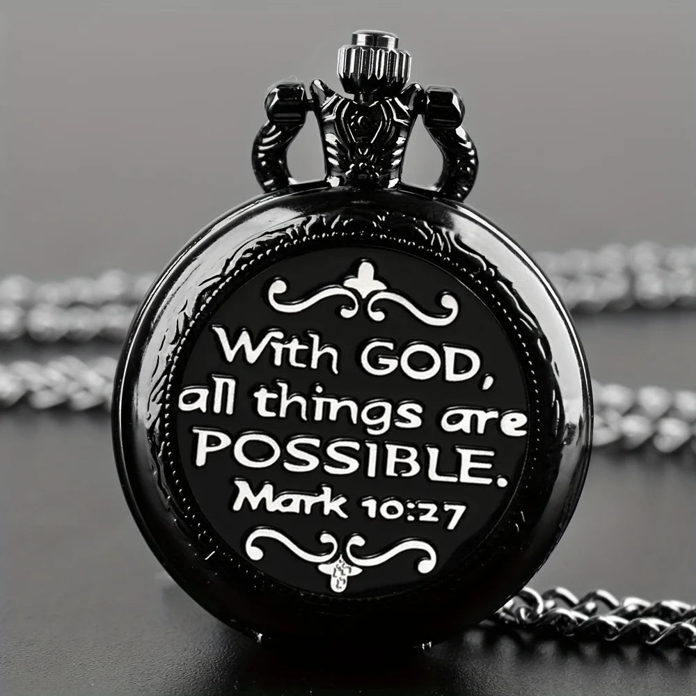 Exquisite Special Pocket Watch With God "All Things Are Possible" Elegant Black Clock With Necklace Chain Lovers Best Gift