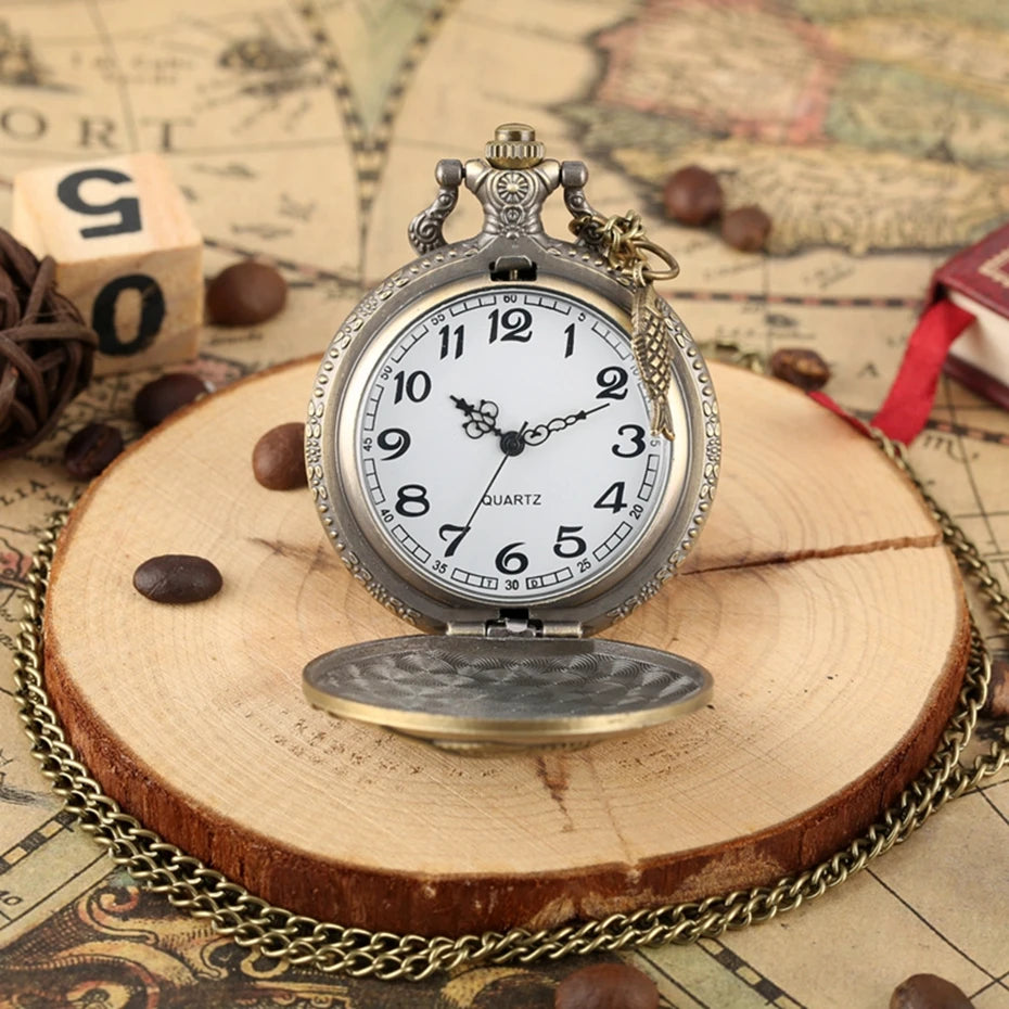 Unique Design Vintage Bronze Fishing Pattern Necklace Pendant Quartz Pocket Watch Gift Clock For Mlae Kids Relogio Saati