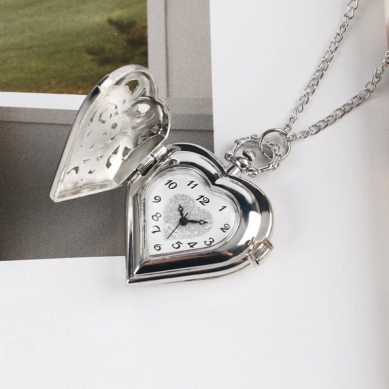 Elegant Romantic Silver Heart Shape Design Necklace Pendant Exquisite Quartz Pocket Watch Gift Fashion Clock For Female Ladies