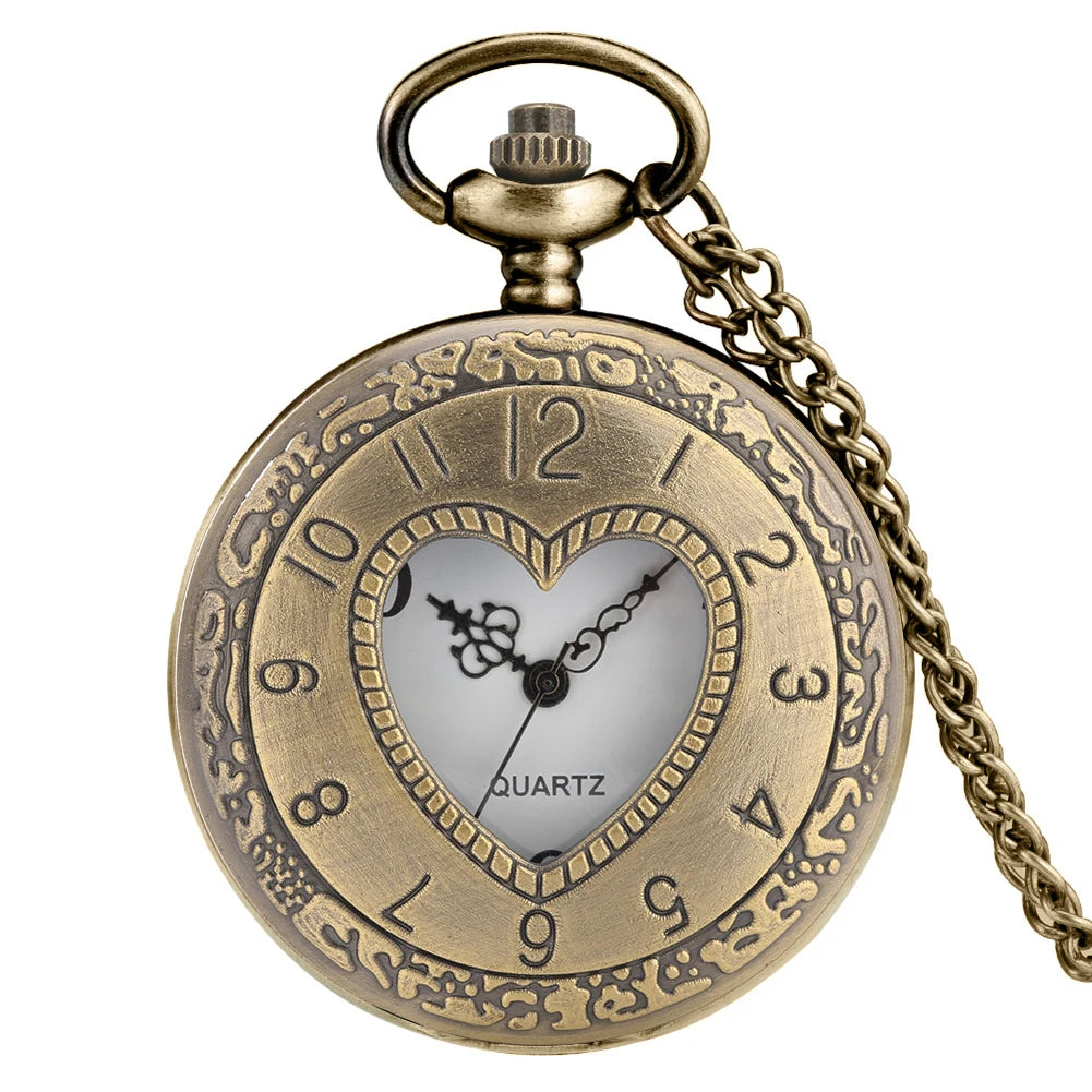 Bronze Vintage Quartz Pocket Watch Love Heart Hollow Clock With Necklace Chain Womens Sisters GIfts Exquisite Relojes