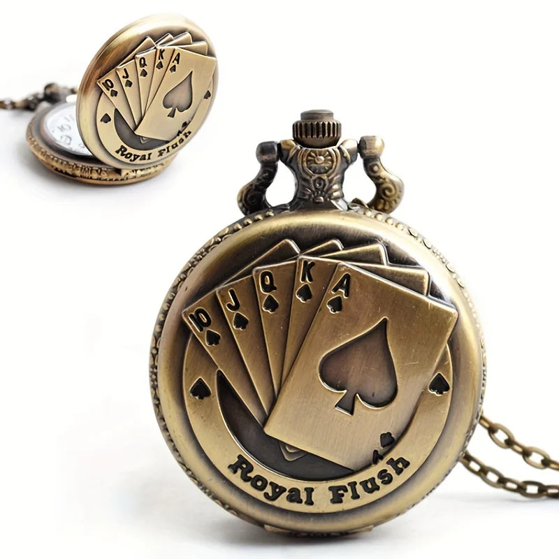 Vintage Poker Game Quartz Pocket Watch Bronze JQKA Number Clock With Necklace Chain Men Male GIfts Exquisite Relojes