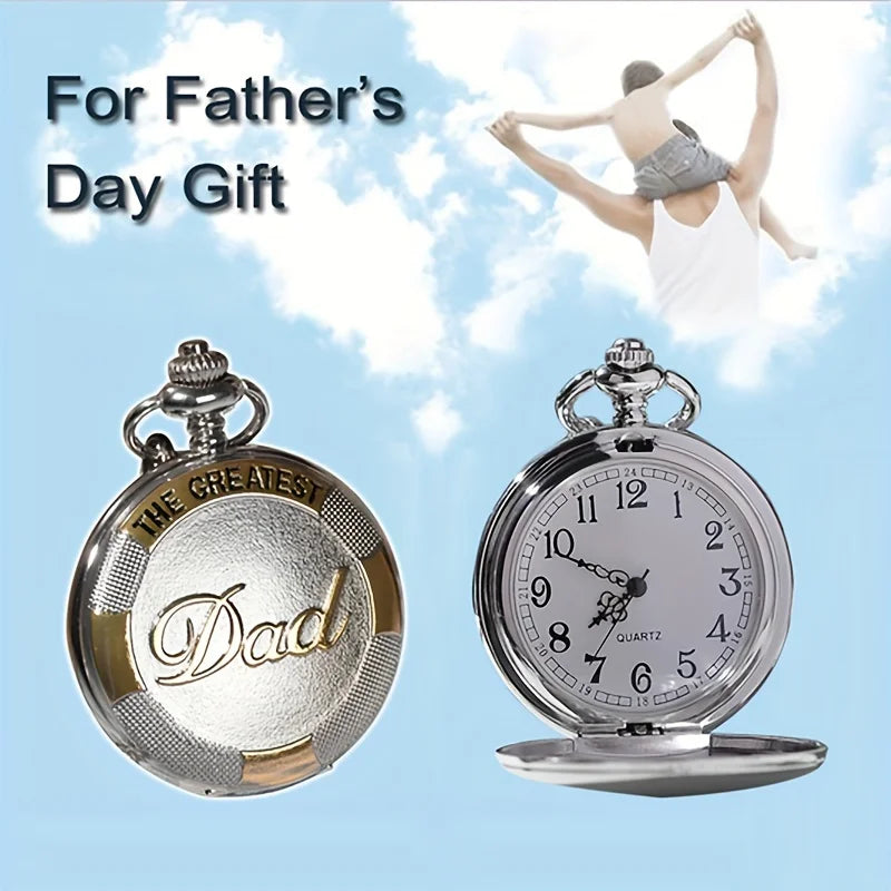 Exquisite " The GREAST DAD " Silver Gold Color Quartz Pocket Watch Best Father's Day Birthday Gift for Dad, Nostalgic Watch