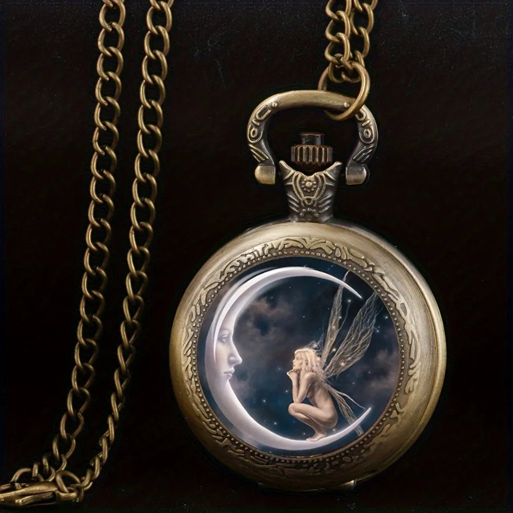Vintage Angel Girl Design Quartz Pocket Watch with Black Necklace Pendant World-Time Feature, Analog Display For Women Men Kids