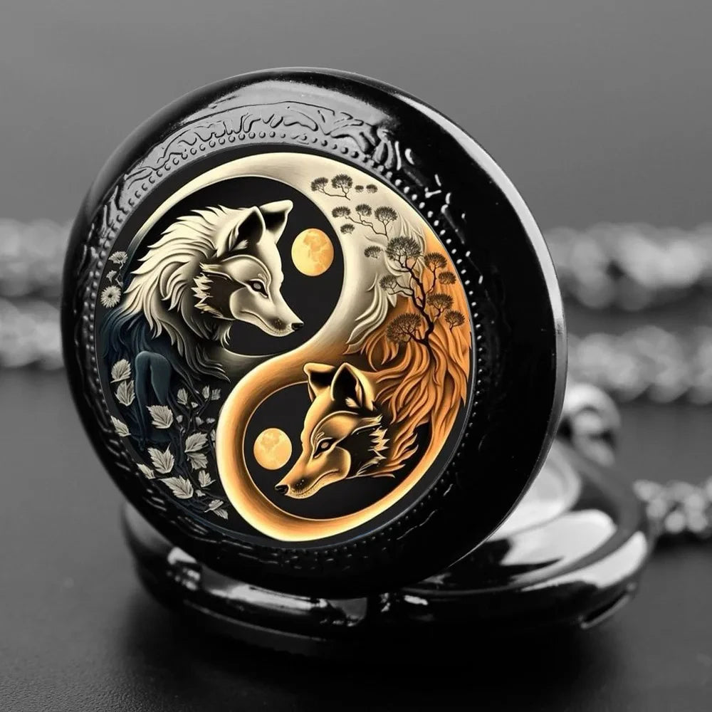 Creative YinYang Wolf Animal Pattern Design Mini Pocket Watch with Necklace Pendant World-Time Feature,  Gift For Women Men Kids