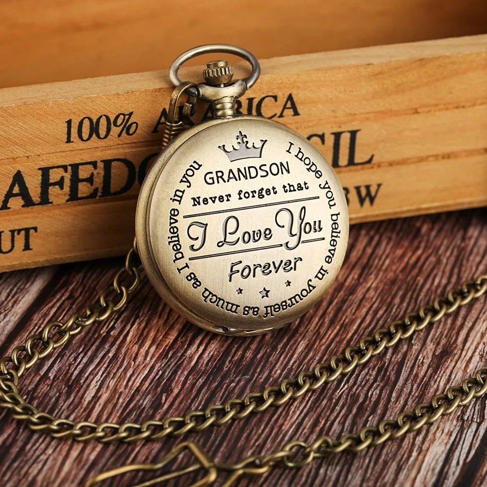 TO MY GRANDSON Gift Vintage Pocket Watch Fashion Quartz Pocket Watch with Chain Love You Forever Men's Clock Exquisite Relojes