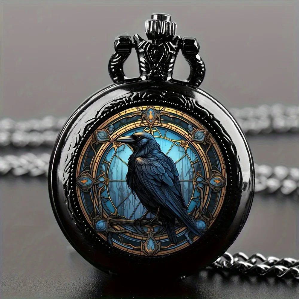 New Vintage-Style Clever Crow Exquisite Pocket Watch Quartz, Round Dial, Unique Black Necklace Souvenir Gift -Eagle Animal Clock