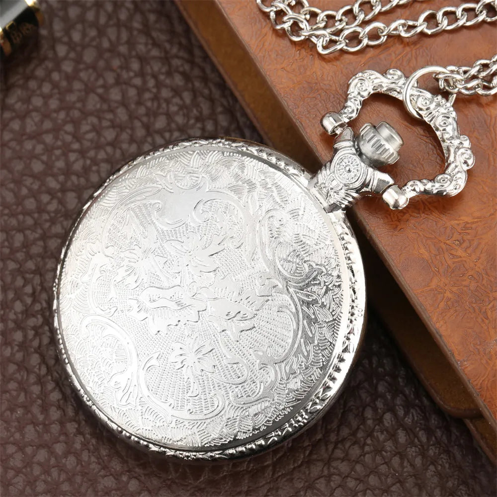 Vintage Silver Train Carved Hollow Steampunk Quartz Pocket Watch Men Women Charming Necklace Pendant Clock Elegant Relojes Gifts