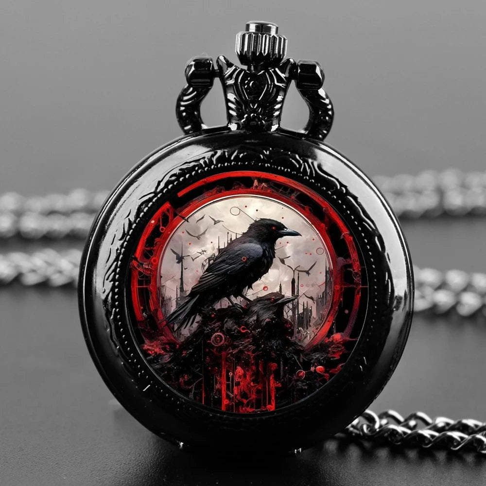 Vintage Black Crow Quartz Pocket Watch - Necklace Pendant With World Time Feature, Alloy Case, Ideal Gift For Men & Women