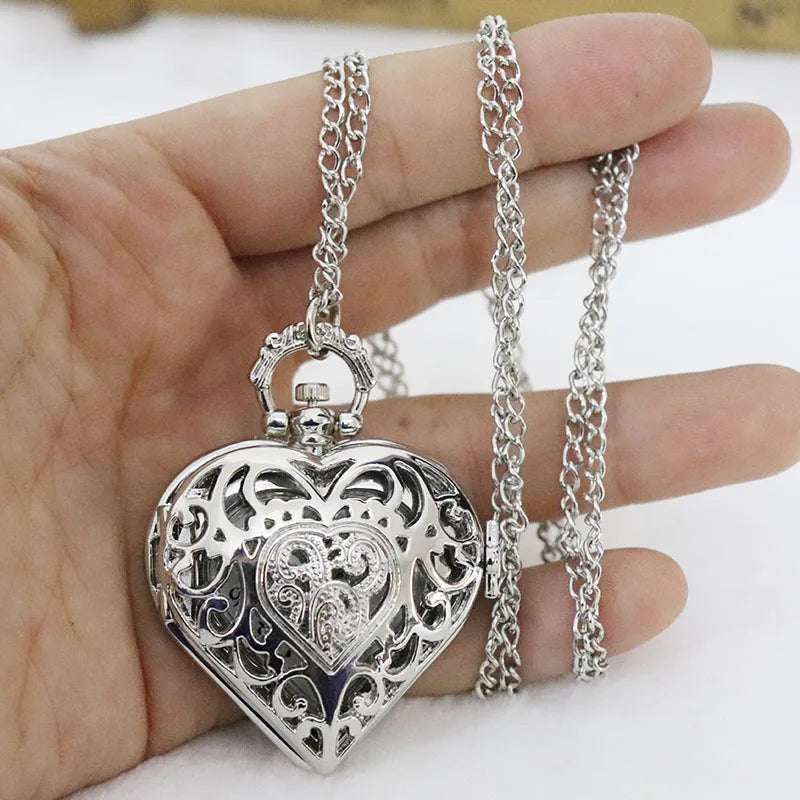 Elegant Romantic Silver Heart Shape Design Necklace Pendant Exquisite Quartz Pocket Watch Gift Fashion Clock For Female Ladies