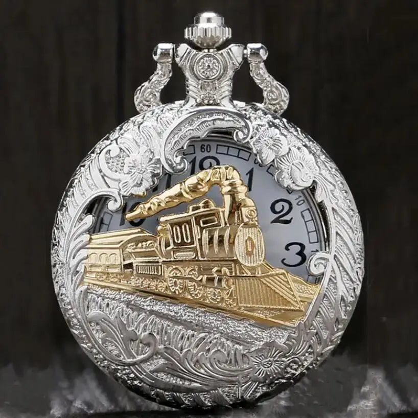 Vintage Silver Train Carved Hollow Steampunk Quartz Pocket Watch Men Women Charming Necklace Pendant Clock Elegant Relojes Gifts