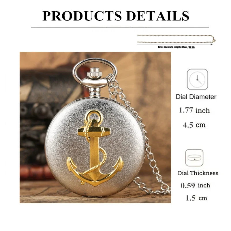Silver Vintage Classic Design Quartz Pocket Watch Men Anchor Souvenir Gift with 80cm Necklace Chain Best Gift Clock Male Relogio