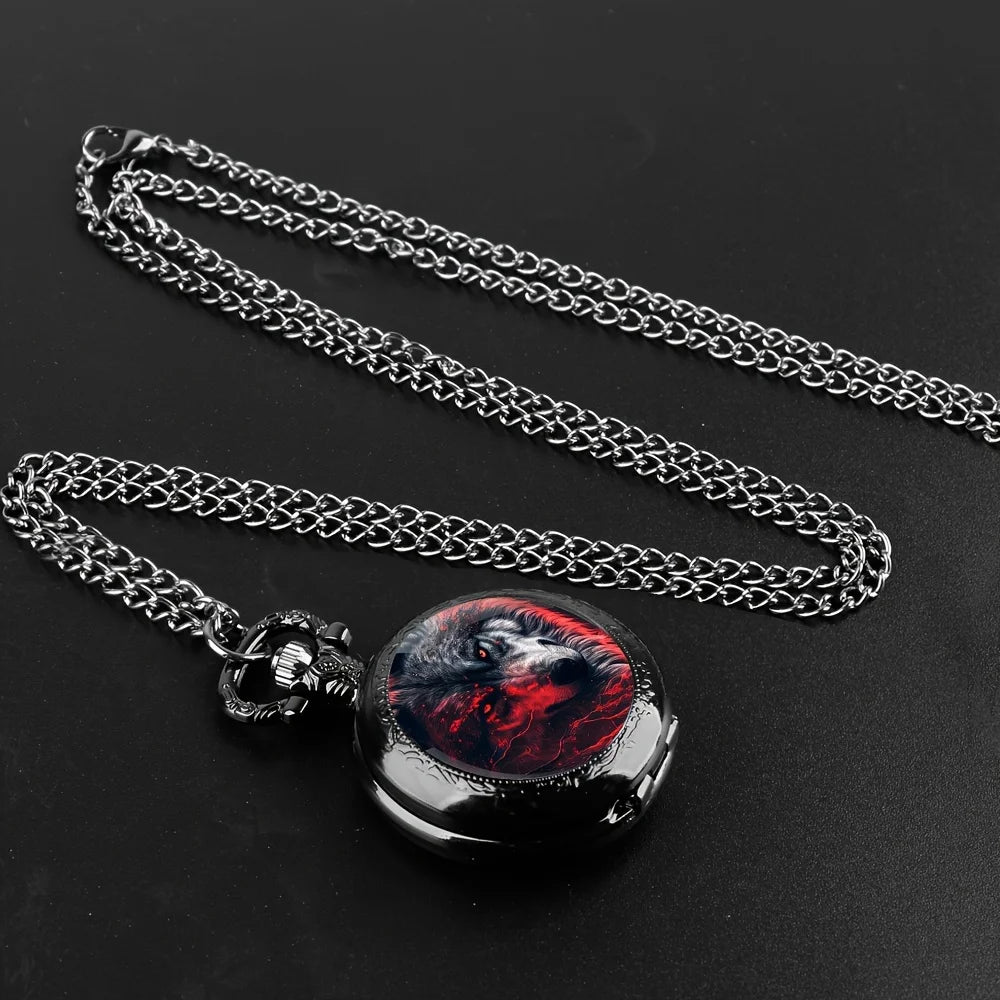 Vintage Wolf Animal Design Quartz Pocket Watch with Black Necklace Pendant World-Time Feature, Analog Display For Women Men Kids