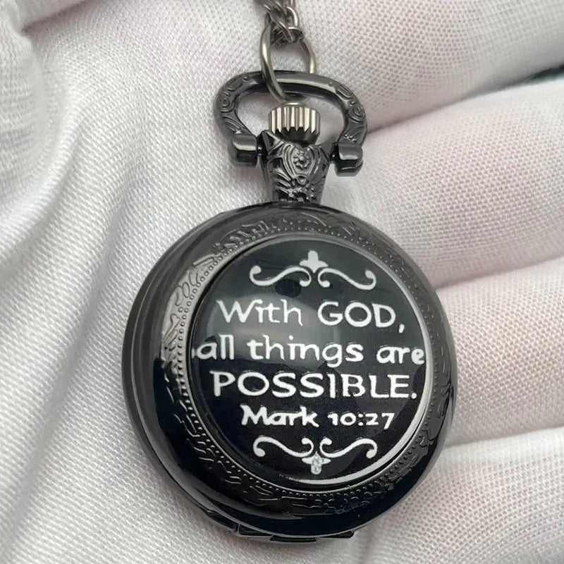 Exquisite Special Pocket Watch With God "All Things Are Possible" Elegant Black Clock With Necklace Chain Lovers Best Gift
